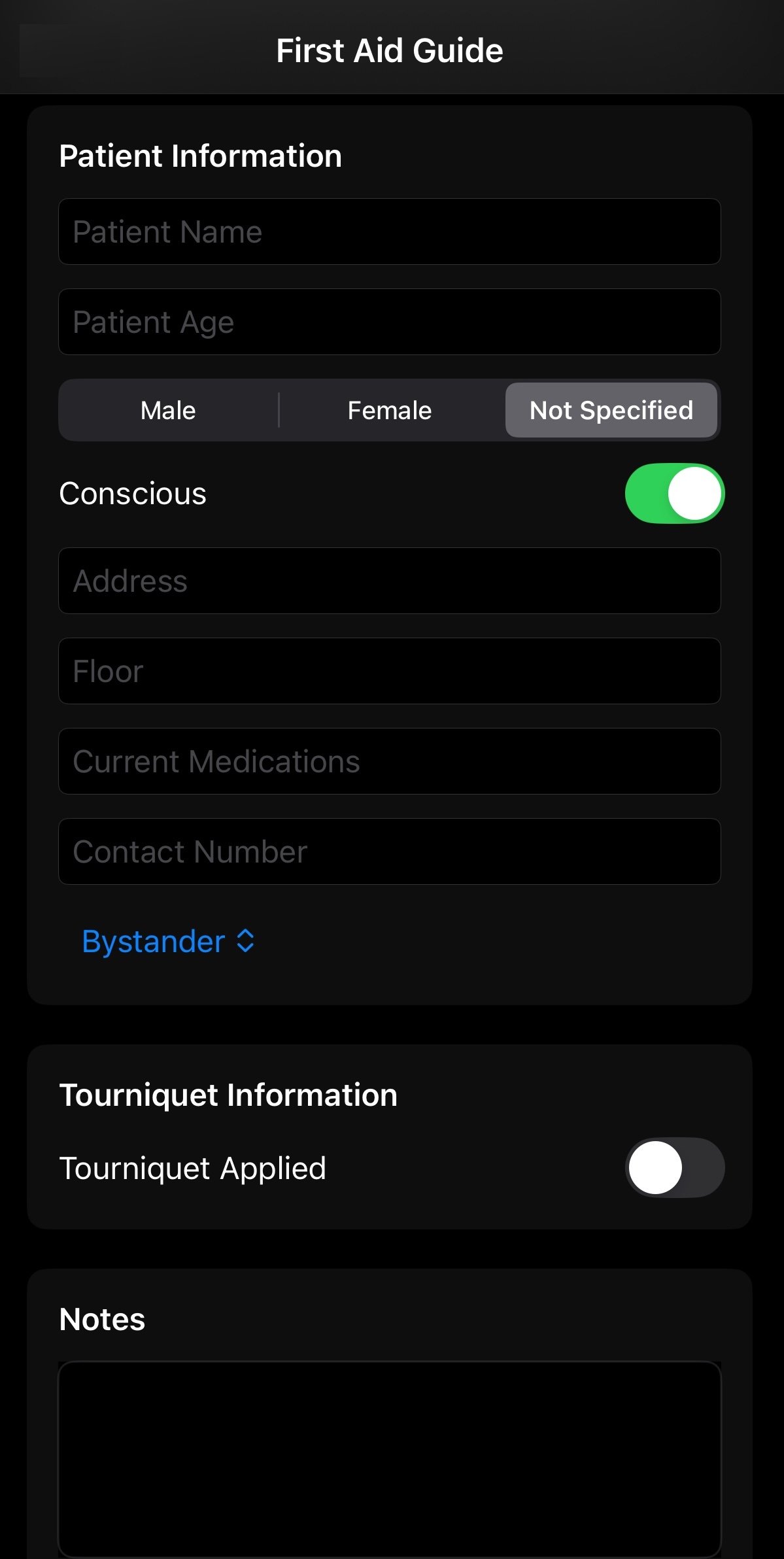 First Aid Guide injury form in the app