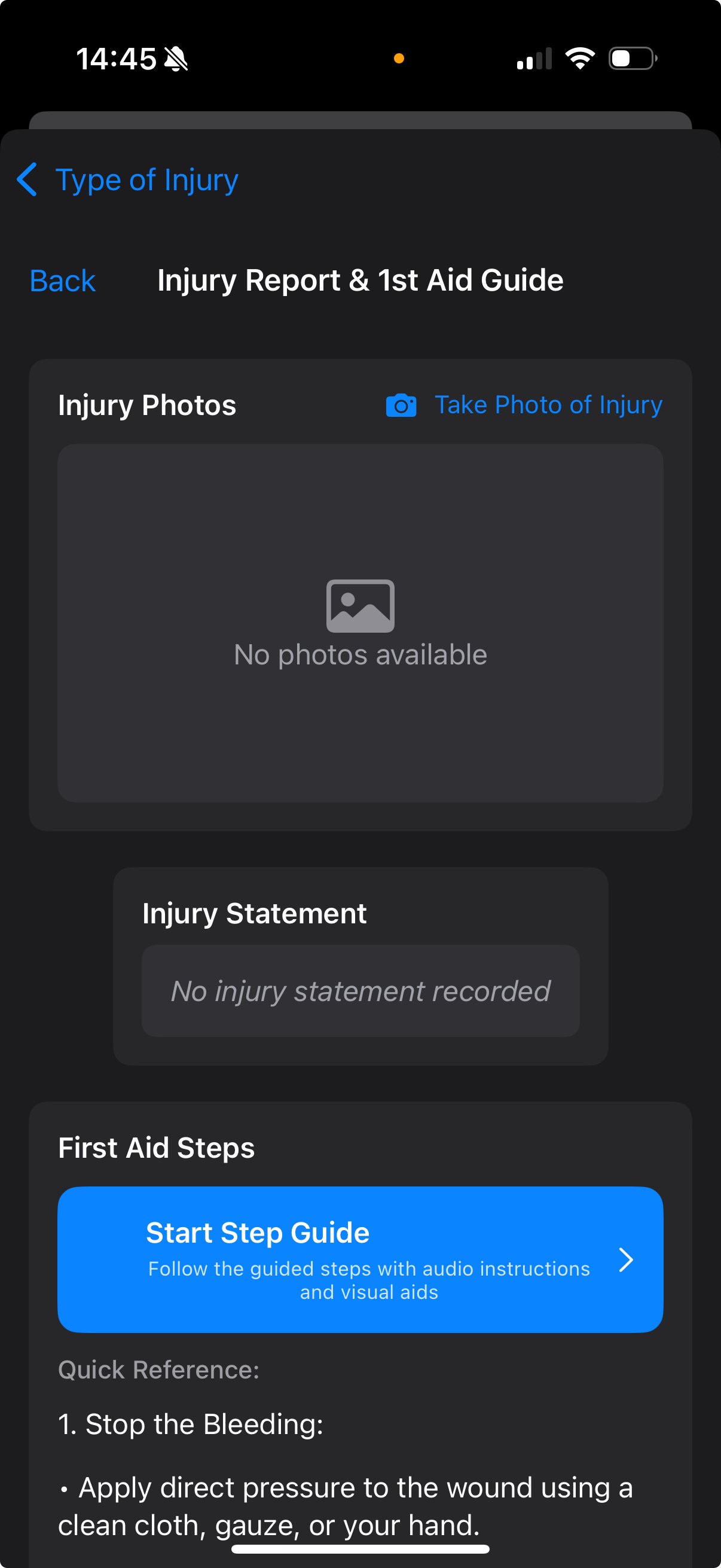 Injury report screen